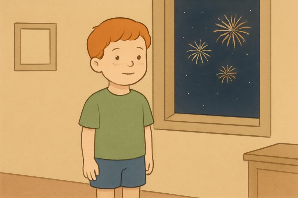 Ilustração da capa: Caio, 8 anos (menino, pele clara, sardas, cabelo ruivo), em cena calma de fogos na virada do ano.