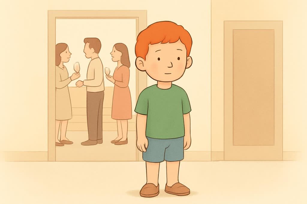 Ilustração da página 1: Meu nome é Caio. Na noite da virada do ano, tem muita gente na sala com minha família.