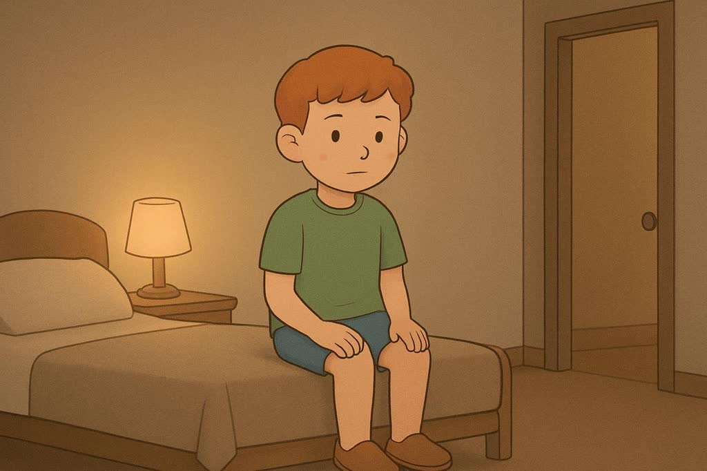 Ilustração da página 2: Eu fico no meu quarto com a luz baixa.