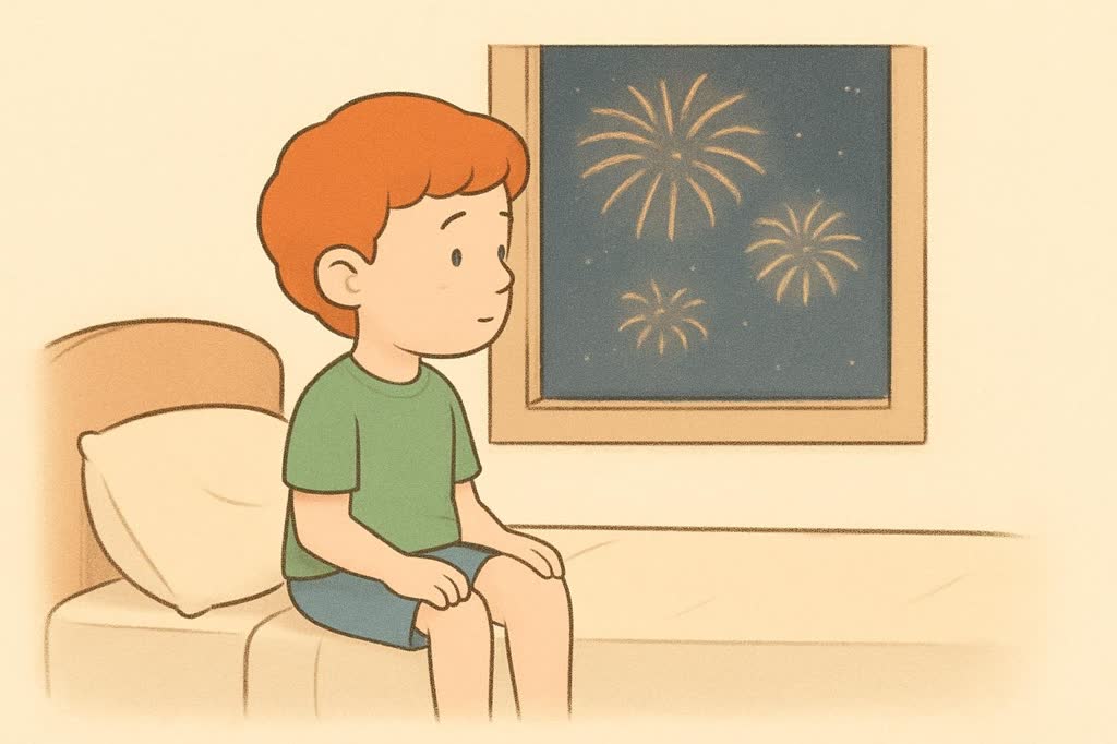 Ilustração da página 3: Os fogos fazem barulho alto lá fora.