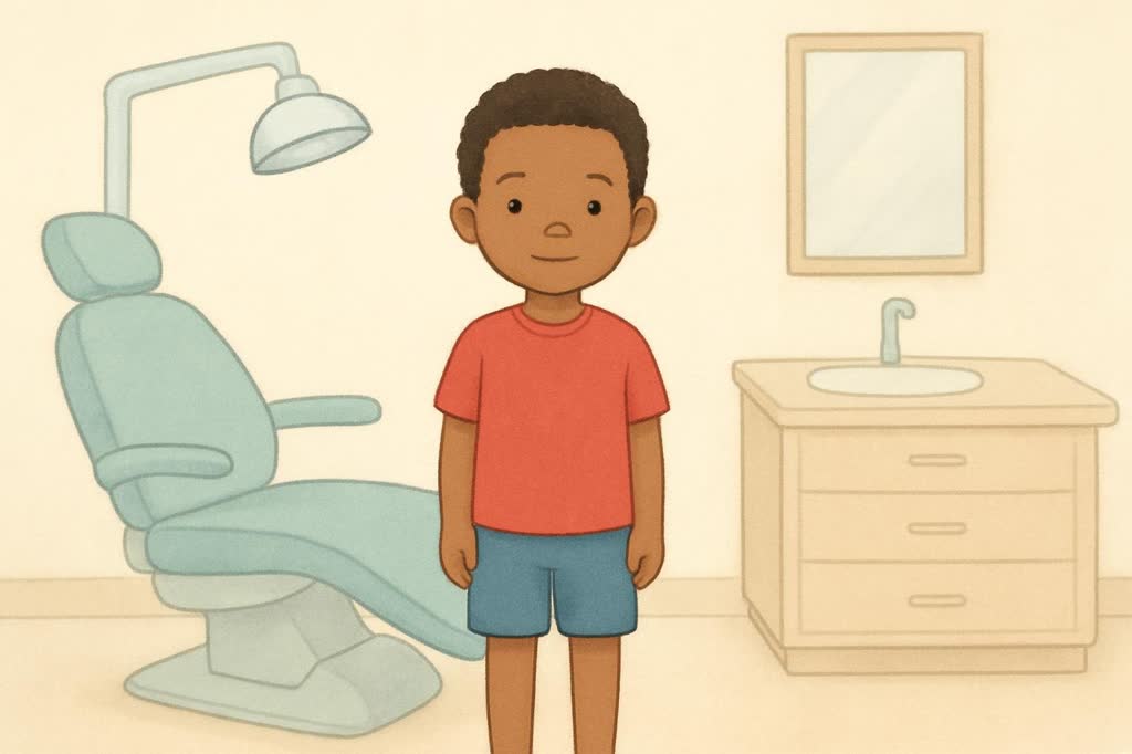 Ilustração da capa: Davi, 6 anos (menino, pele marrom escura, cabelo preto curto e cacheado), em cena calma de ir ao dentista (consulta e limpeza).