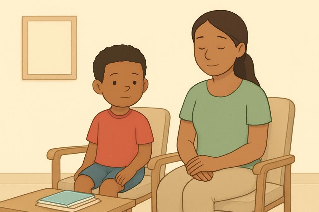 Ilustração da página 1: Meu nome é Davi. Eu chego ao consultório e espero na sala de espera.
