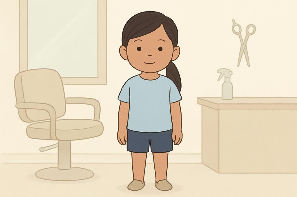 Ilustração da capa: Lia, 5 anos (menina, pele morena clara, cabelo escuro longo e liso preso em rabo de cavalo), em cena calma de cortar o cabelo no salão (tesoura e borrifador de água).