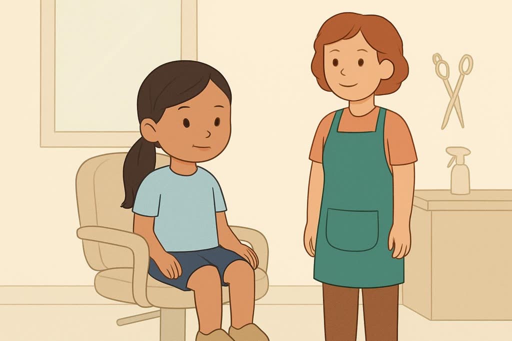 Ilustração da página 1: Meu nome é Lia. Eu chego e sento na cadeira.