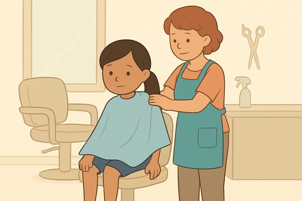 Ilustração da página 2: A cabeleireira põe a capa.